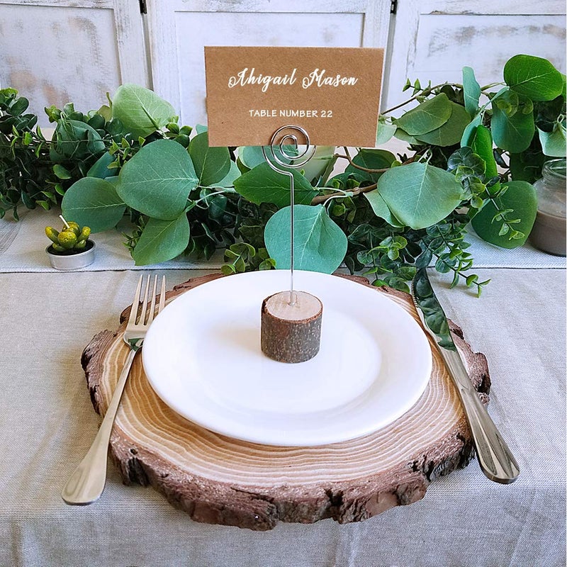 Supla 20 Pcs Rustic Wood Place Card Holders with Swirl Wire Wooden Bark Memo Holder Stand Card Photo Picture Note Clip Holders 5.8" and Kraft Place Cards Bulk for Wedding Party Table Number Name Sign - Image 3
